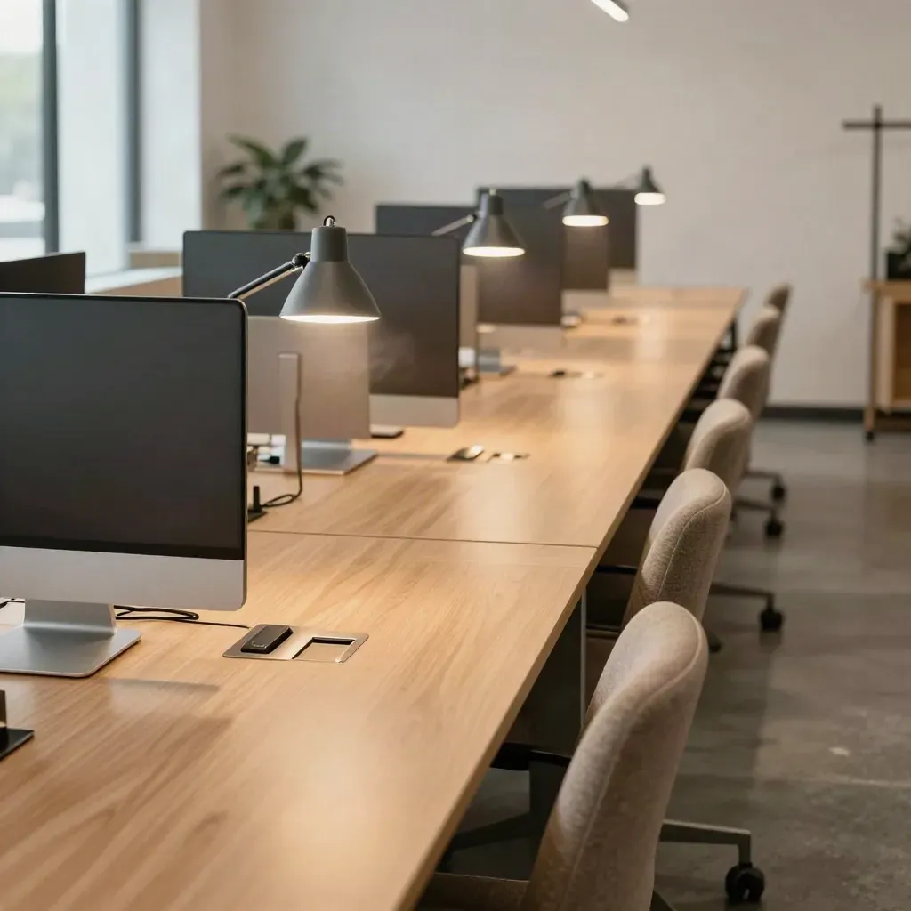 Reset coworking desks with lamps, woven chairs, cable docks and warm window haze.