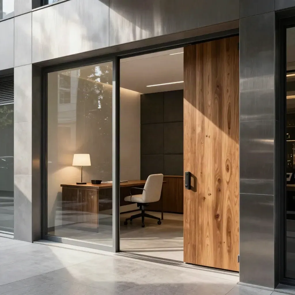 Glazed private office suite viewed from corridor, oak door, acoustic panels, warm lamp glow.