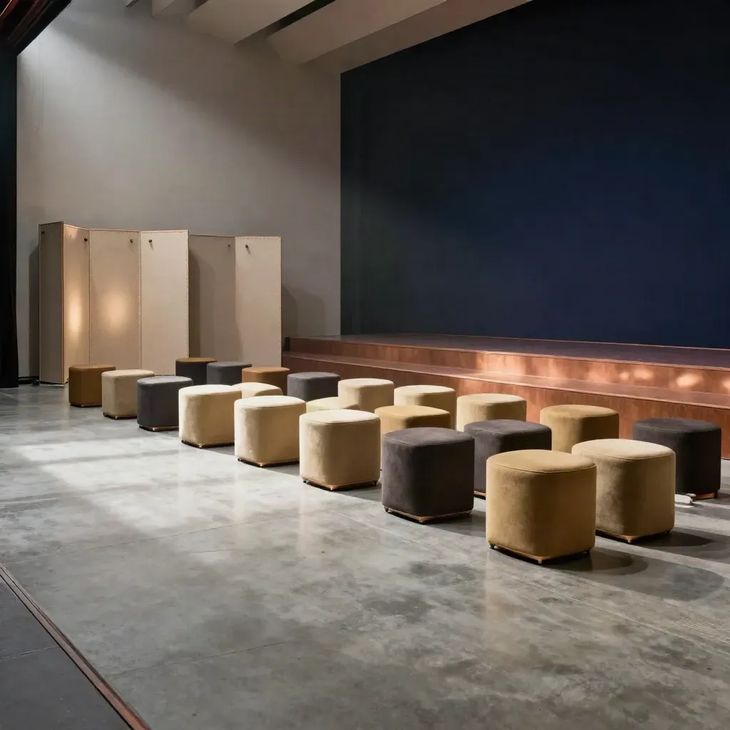 Empty event hall with modular stools, folded screens and uplights before guests arrive.