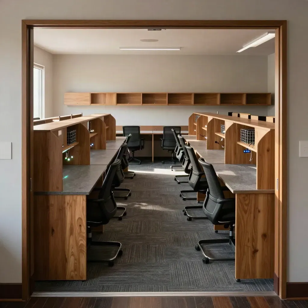 Fitted office suite with lit network equipment, aligned chairs, parcel cages and mail cubbies.