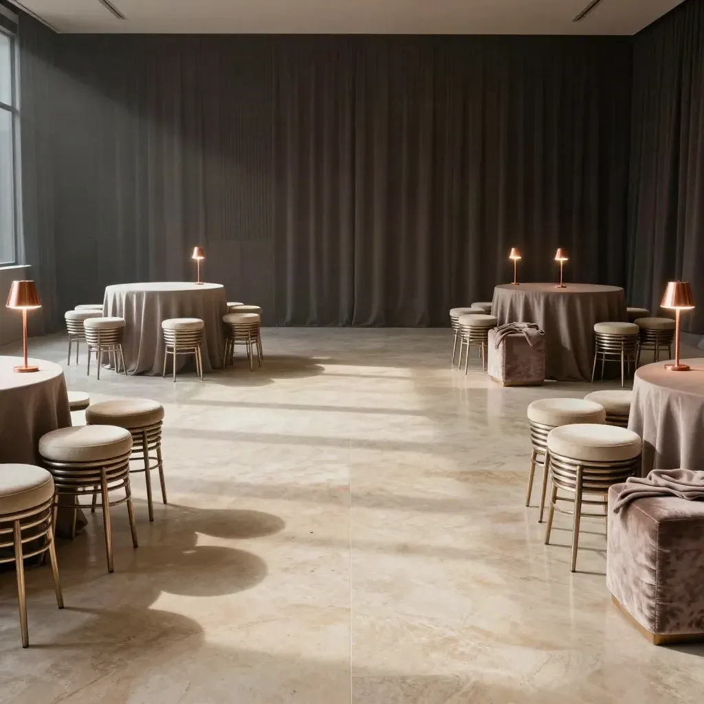Empty launch-ready event room with stacked stools, copper uplights and a clear floor