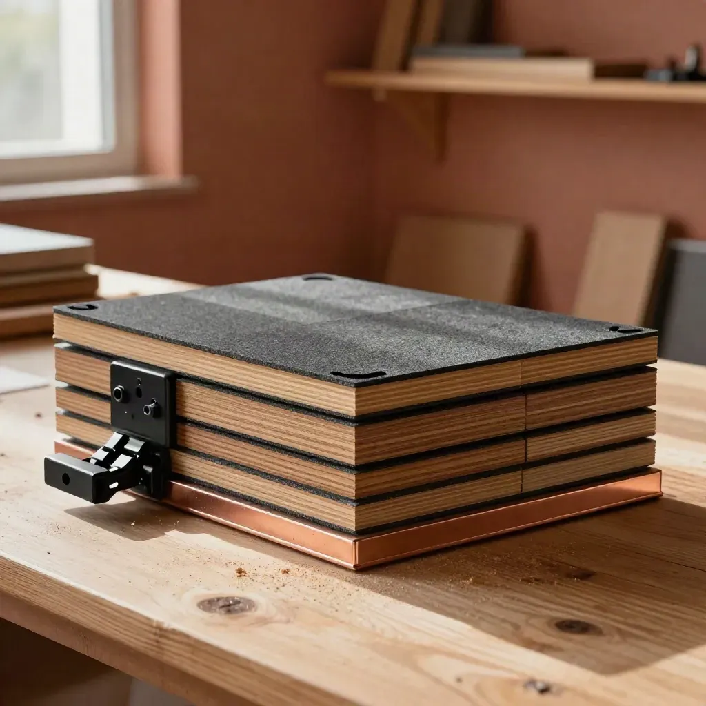 Fit-out material samples on an oak bench with acoustic tiles, hardware, and copper detail.