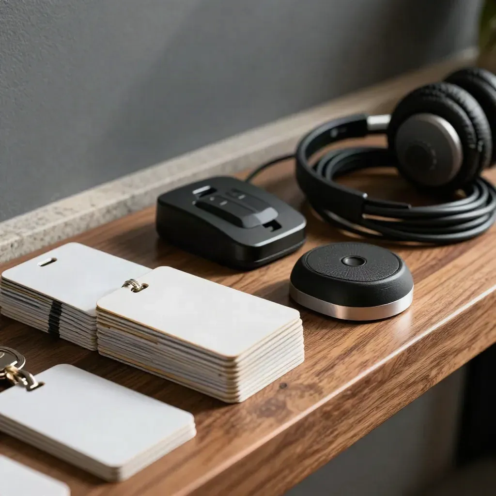 Keycards, headset cradle and desk-booking puck on walnut under dramatic side light