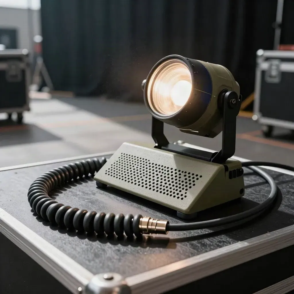 Coiled XLR lead, stage wedge and uplight on a dusty black prep surface in backstage light.
