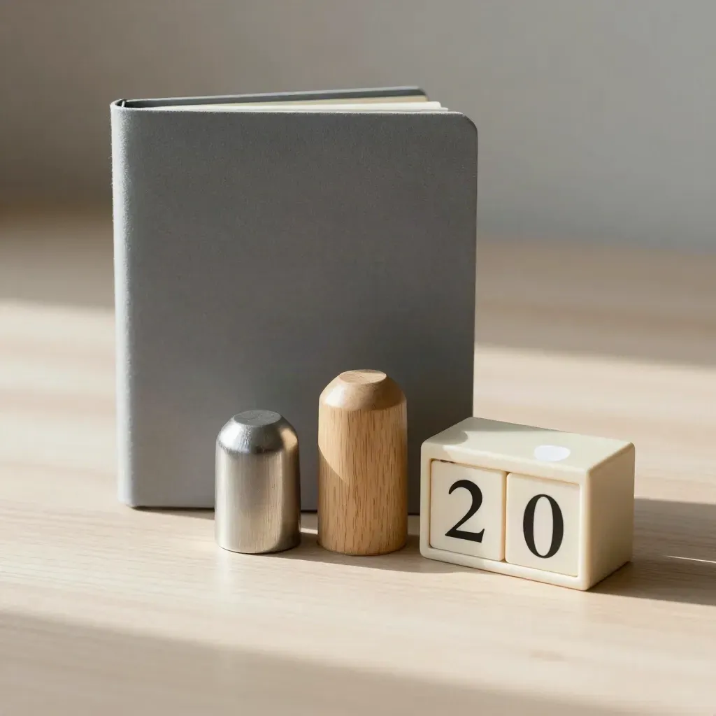 Slate notebook, three room tokens, and an open date block on pale wood