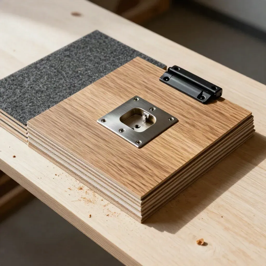 Oak veneer swatches, acoustic tile, hinge hardware and socket faceplate on a dusty fit-out bench.