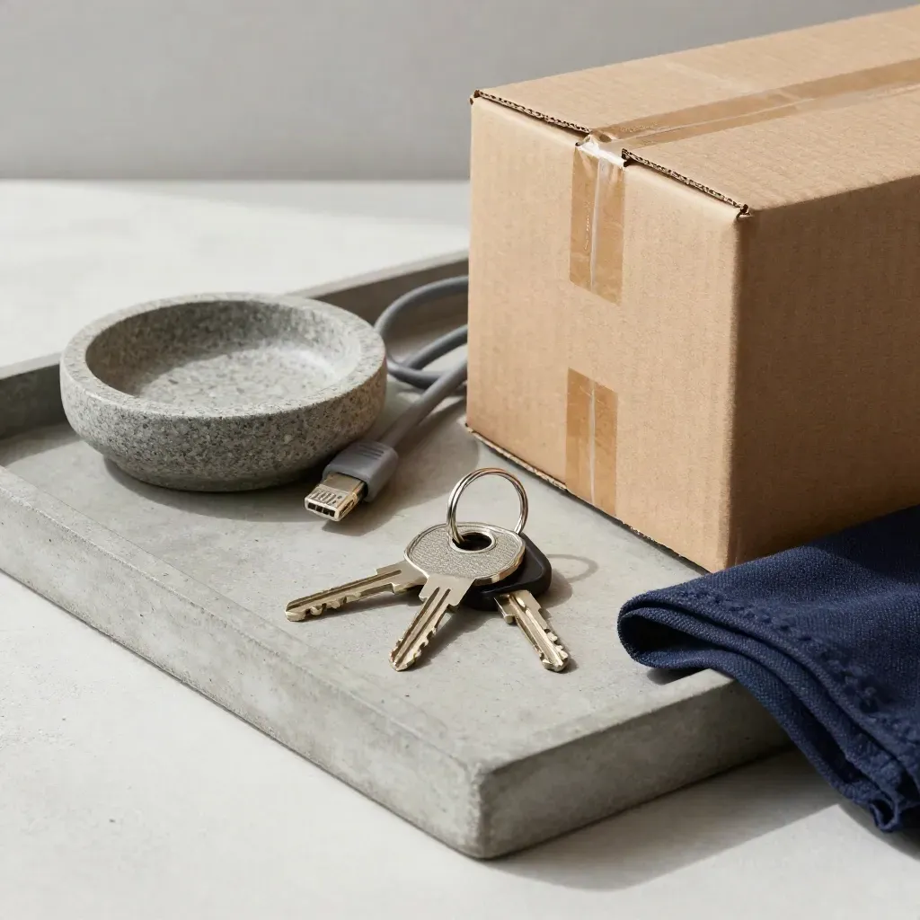 Keys, ethernet cable, pot saucer, and moving box on a concrete tray.