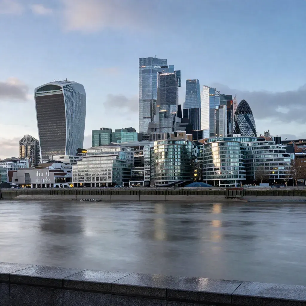 London skyline and Canary Wharf above a misty Thames at blue hour