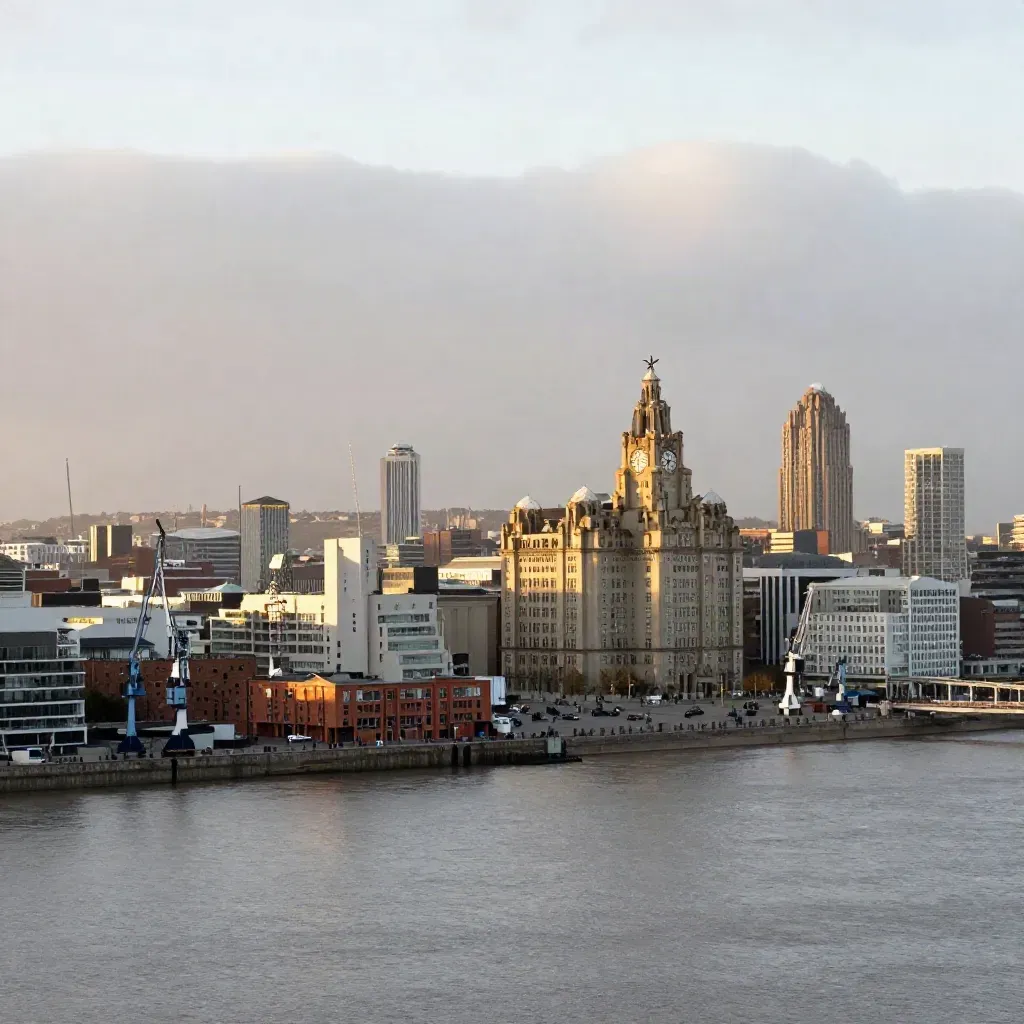 Mersey skyline from a hillside, with dockside towers and calm water under warm evening haze.